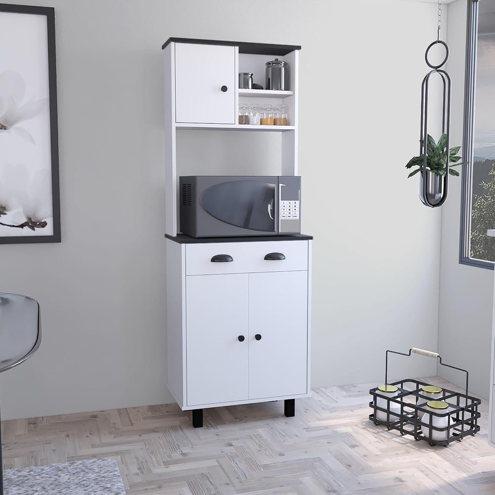 Pantry Sideboard Kitchen Cupboard with 2 Cabinets, 2 Open Shelves and Drawer,...