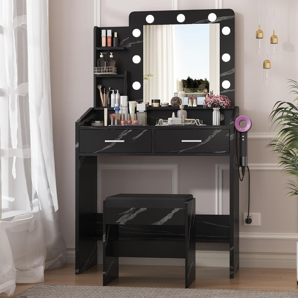 Patikuin Vanity Desk with Mirror and Lights for Bedroom, Marble Black Modern ...