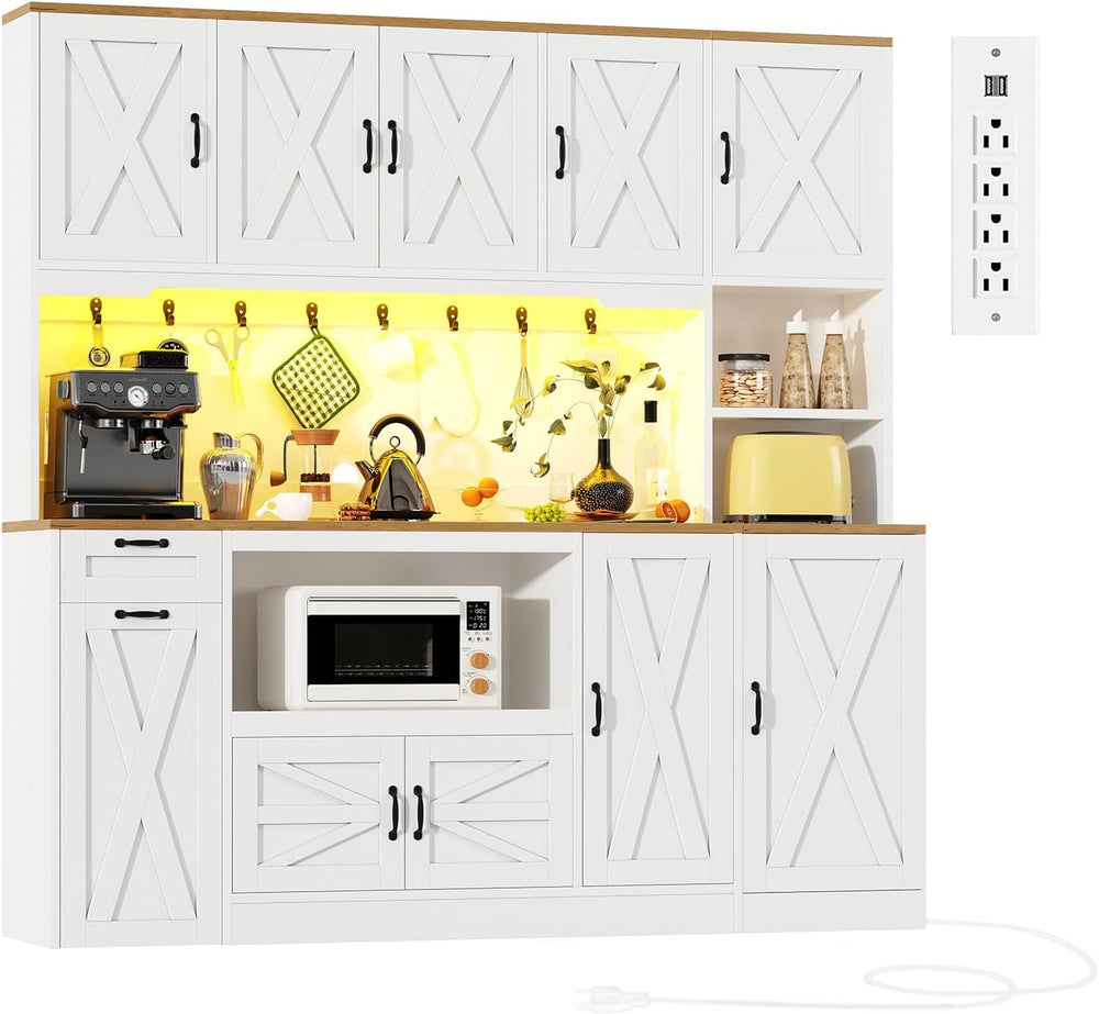 70.87" Kitchen Pantry Cabinet with LED Lighting & Charging Station, ...
