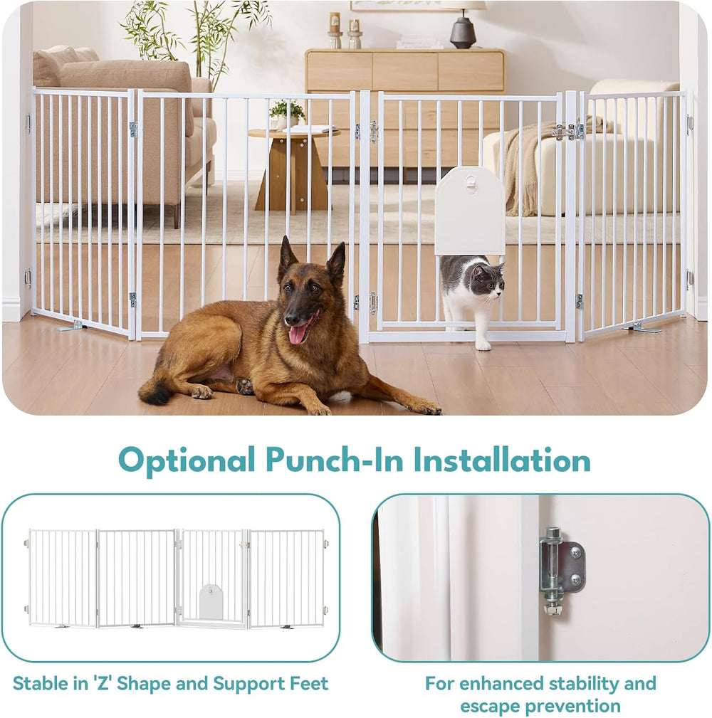 No Pawblems Freestanding Dog Gate with Cat Door for Indoor & Outdoor, White