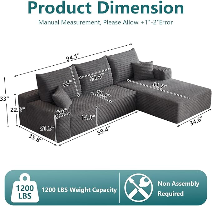 95" Modular Sectional Couch, L Shaped Cloud Sofa with Chaise Lounge, Cor...