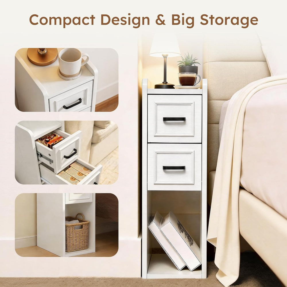 Narrow White Nightstand, Wood Slim Bedside Tables for Small Bedroom, Modern E...