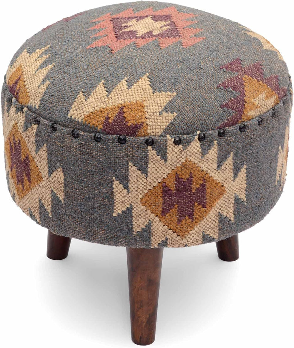 Handmade Kilim Jute Pouf Ottoman Stool | Round Upholstered Seating with Acaci...