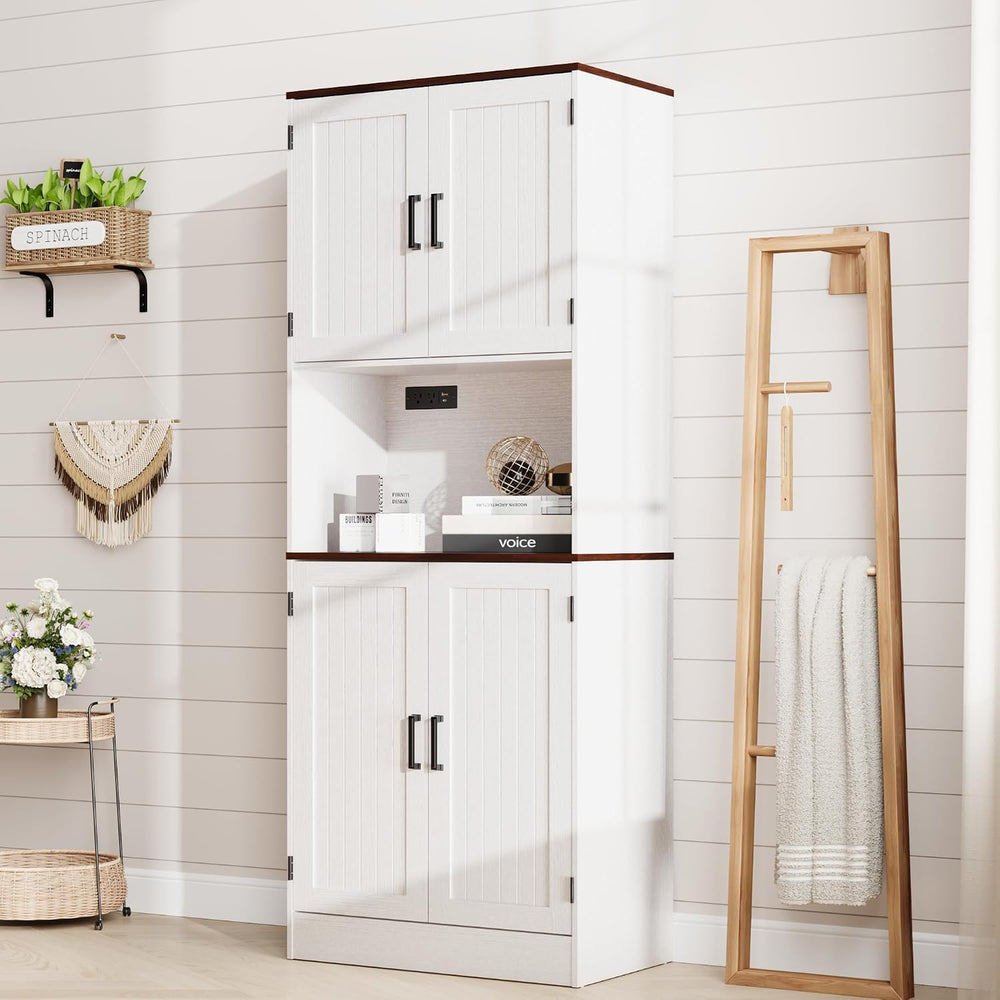 MHOM 71" Tall Pantry Cabinet with Charging Station, Farmhouse Kitchen Hu...