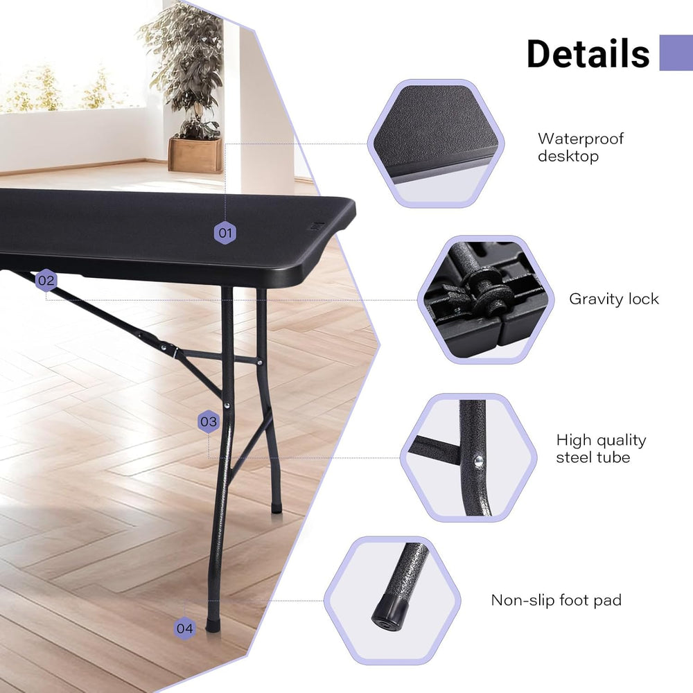 Folding Table 6ft, Heavy Duty Plastic Fold-in-Half Utility Table, Black | Por...