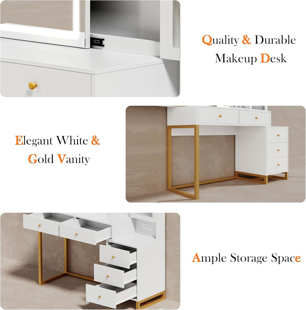 Extra Large Modern Makeup Vanity Table Set with Sliding Lighted Mirror, Charg...