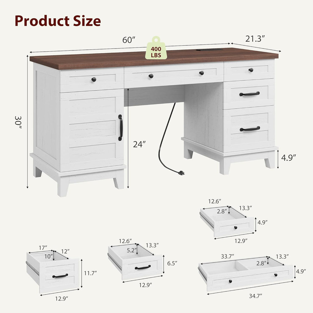 Garvee 60" Wooden Home Office Desk with File Drawers, Executive Desk wit...