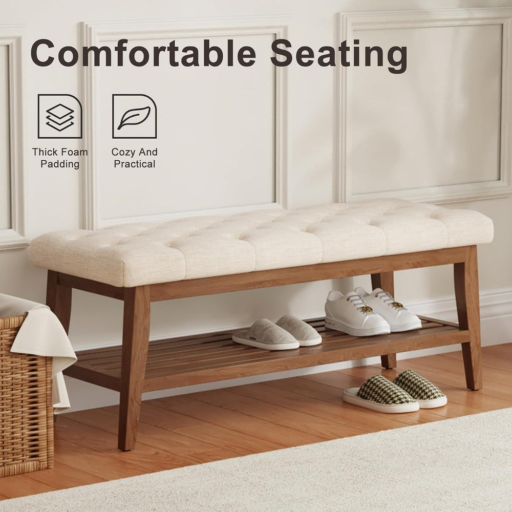 LEILISI Entryway Bench with Storage, Linen Upholstered Bench(Beige, 39.4'...