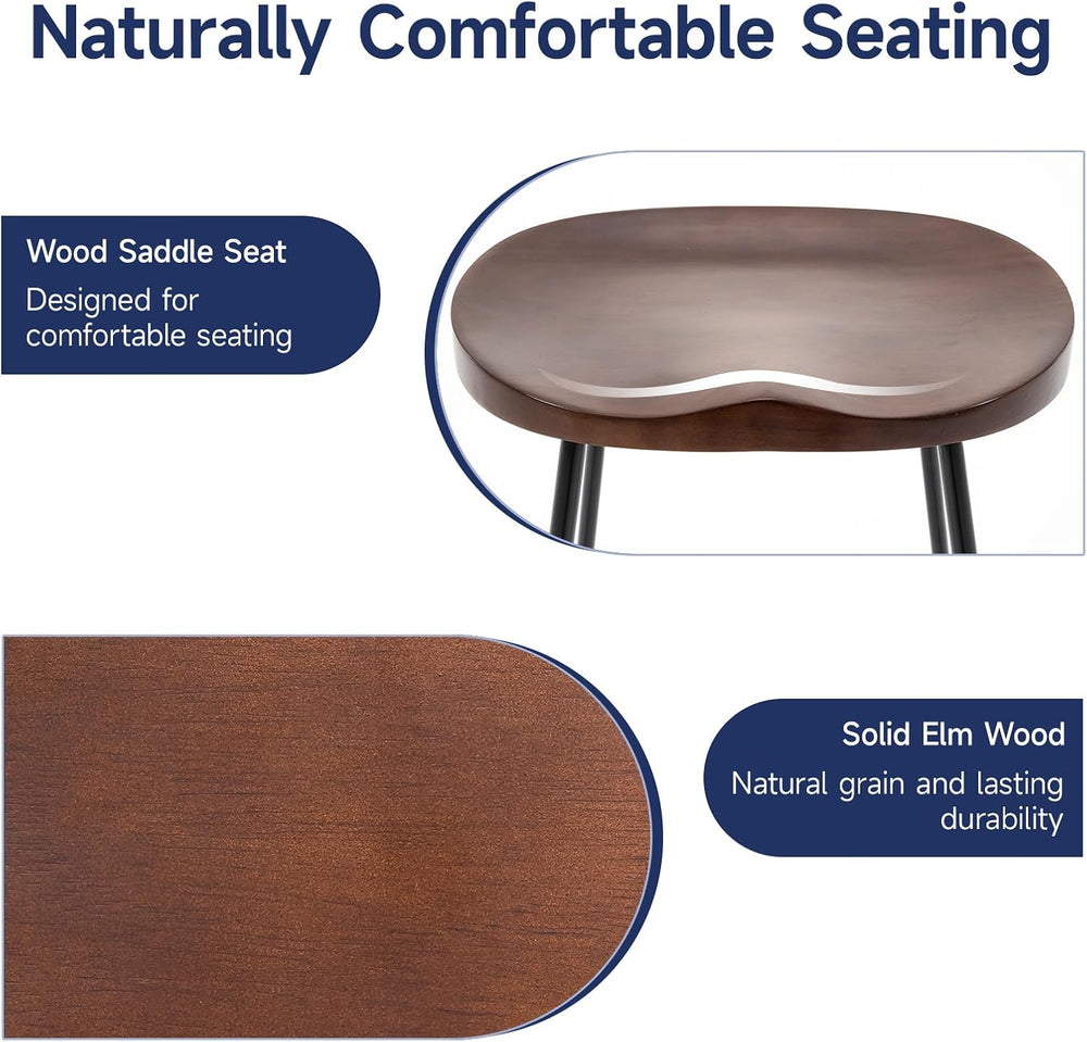 Bar Stools Set of 2, 24'' Counter Height Rustic Wooden Saddle Seat Wa...