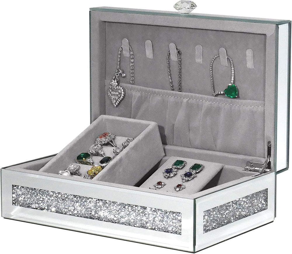 Mirrored Jewelry Box with Lid, Crushed Diamond Bling Jewelry Organizer for Wo...