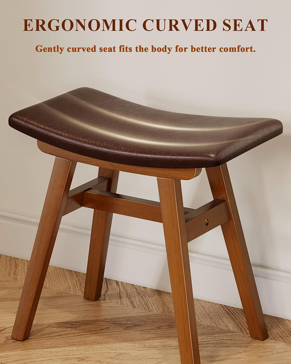 Solid Rubberwood Vanity Stool with Ergonomic Curved Seat, Vanity Bench | Upho...