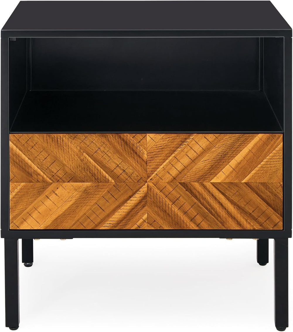 Bme Vivian Solid Wood Nightstand, End Table, Bedside Table with Herringbone P...