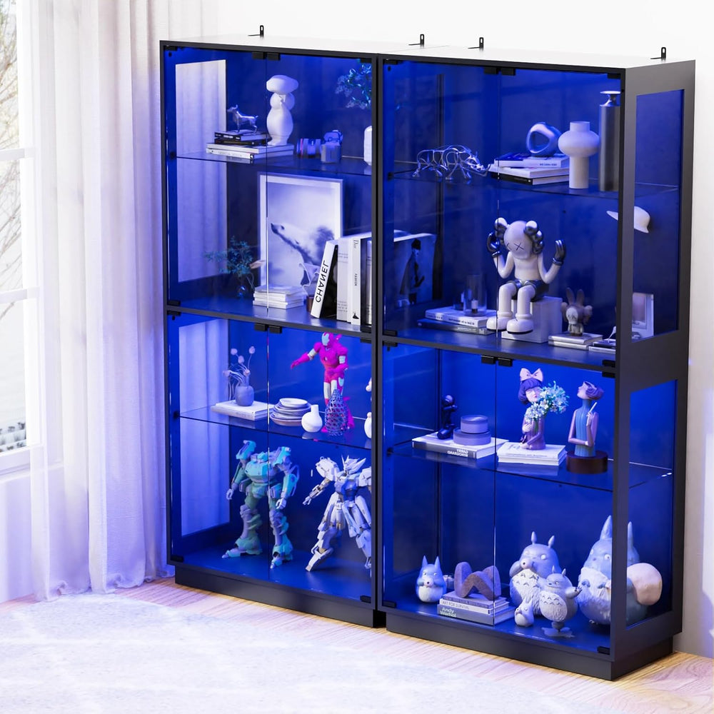 Display Cabinet with Glass Doors 4 Tier Glass Display Case with RGB LED Light...