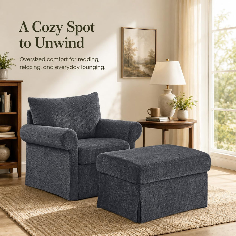 35.82" Oversized Accent Chair with Ottoman, Chenille Armchair, Gray | Ac...