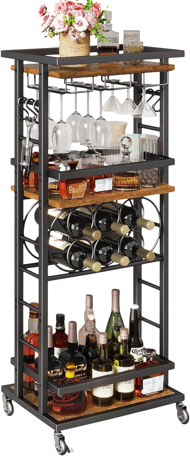 IBUYKE 4-Tier Wine Rack with Wheels,Bar Cart,Brown TMJ912H | Wine Car Cabinet...