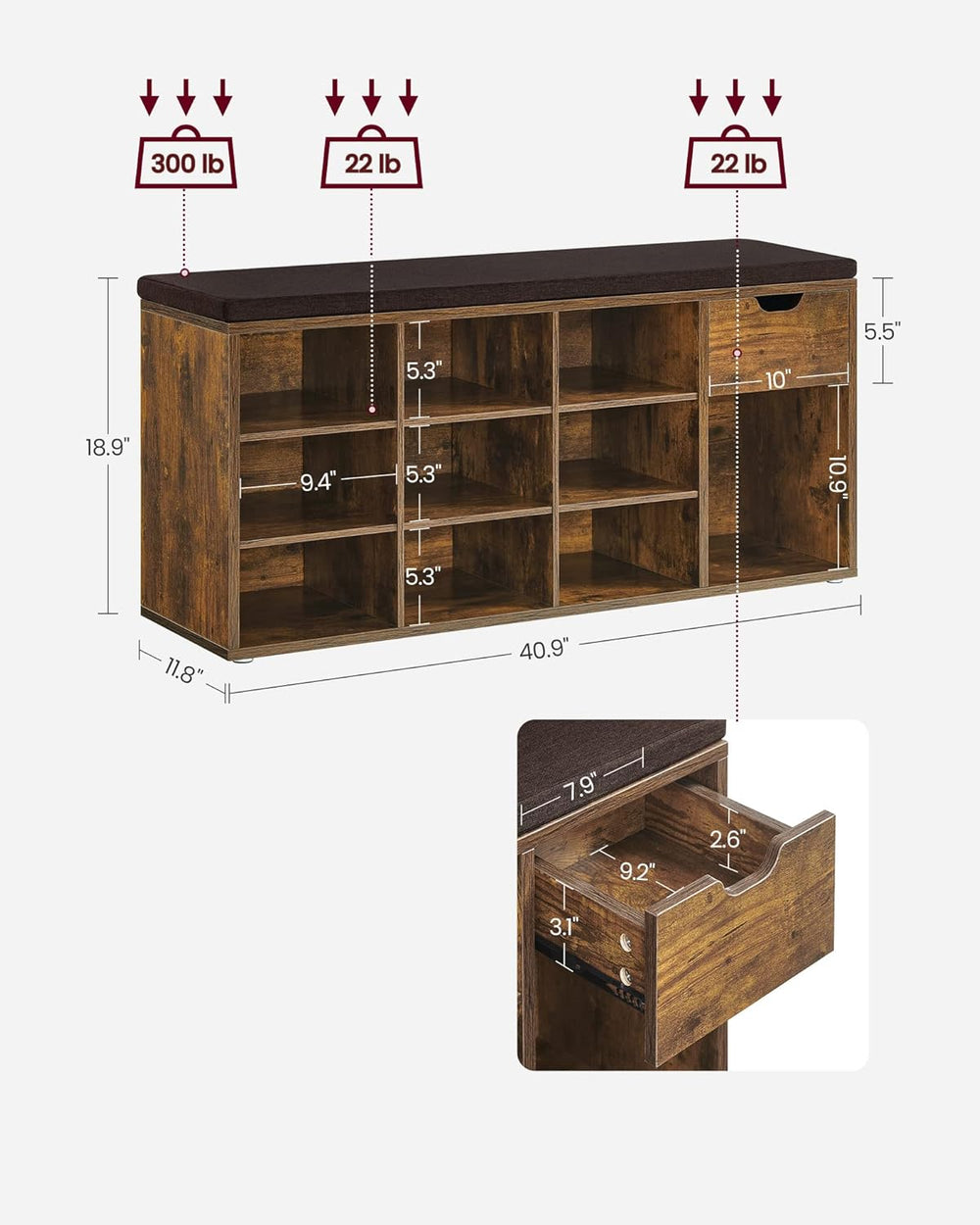 VASAGLE CUSTOS Collection - Storage Bench, Entryway Bench with Cushion, Drawe...
