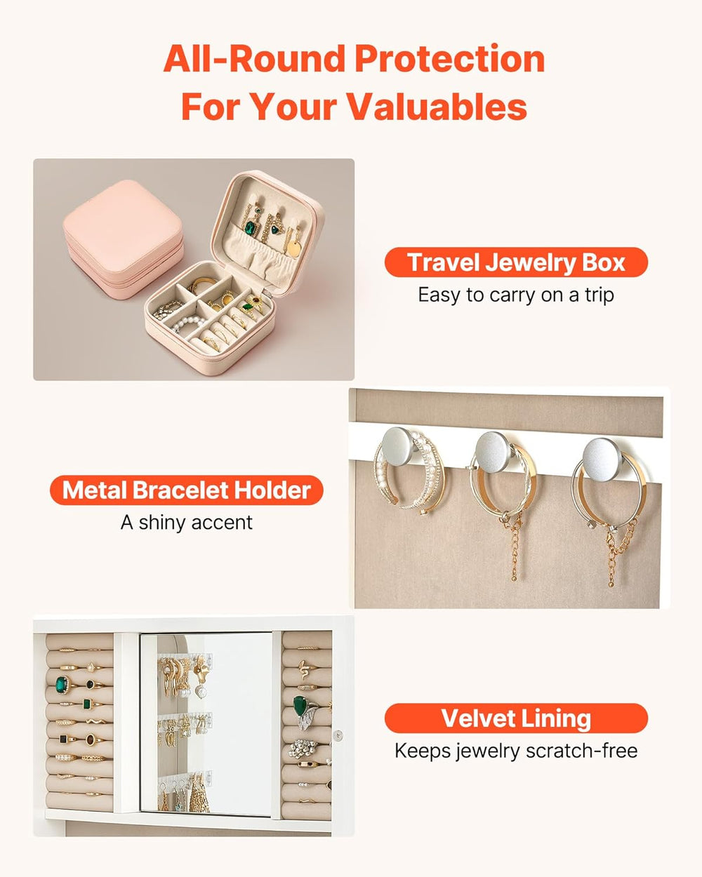 VEVOR Mirror Jewelry Cabinet, 42.5-inch Tall, Full-Length Mirror with Storage...