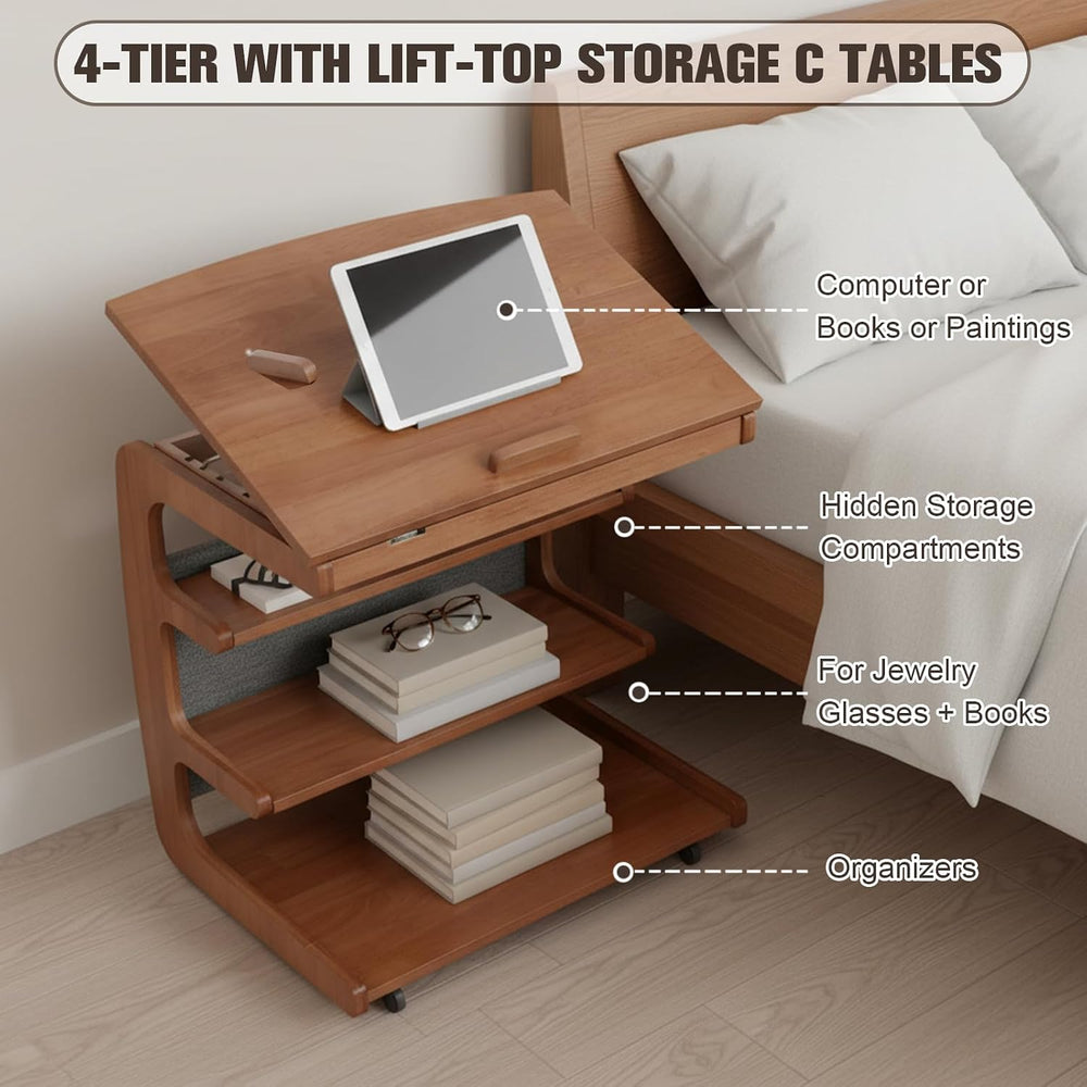 C-Shaped End Table with 2 Lockable Wheels 4-Tier Small Side Table with Storag...