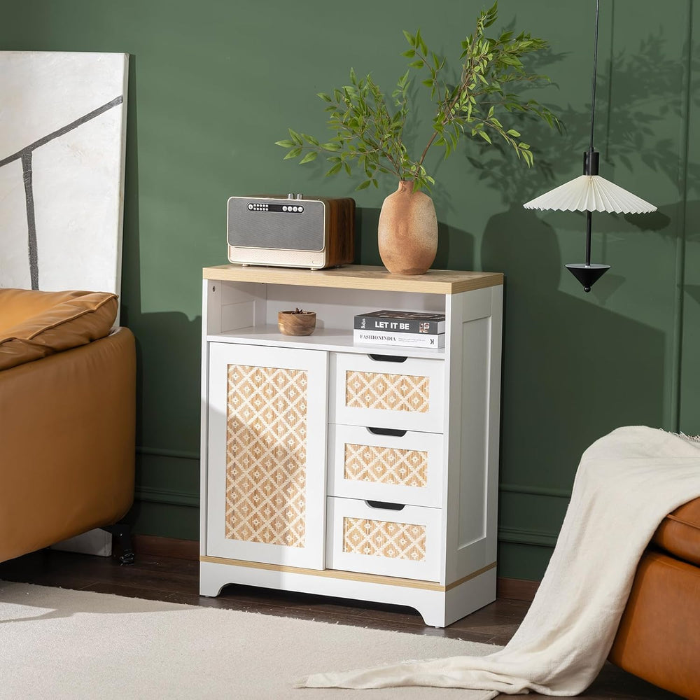 Sideboard Buffet Cabinet with Storage, Rattan Door and 3 Drawers, White | Sli...