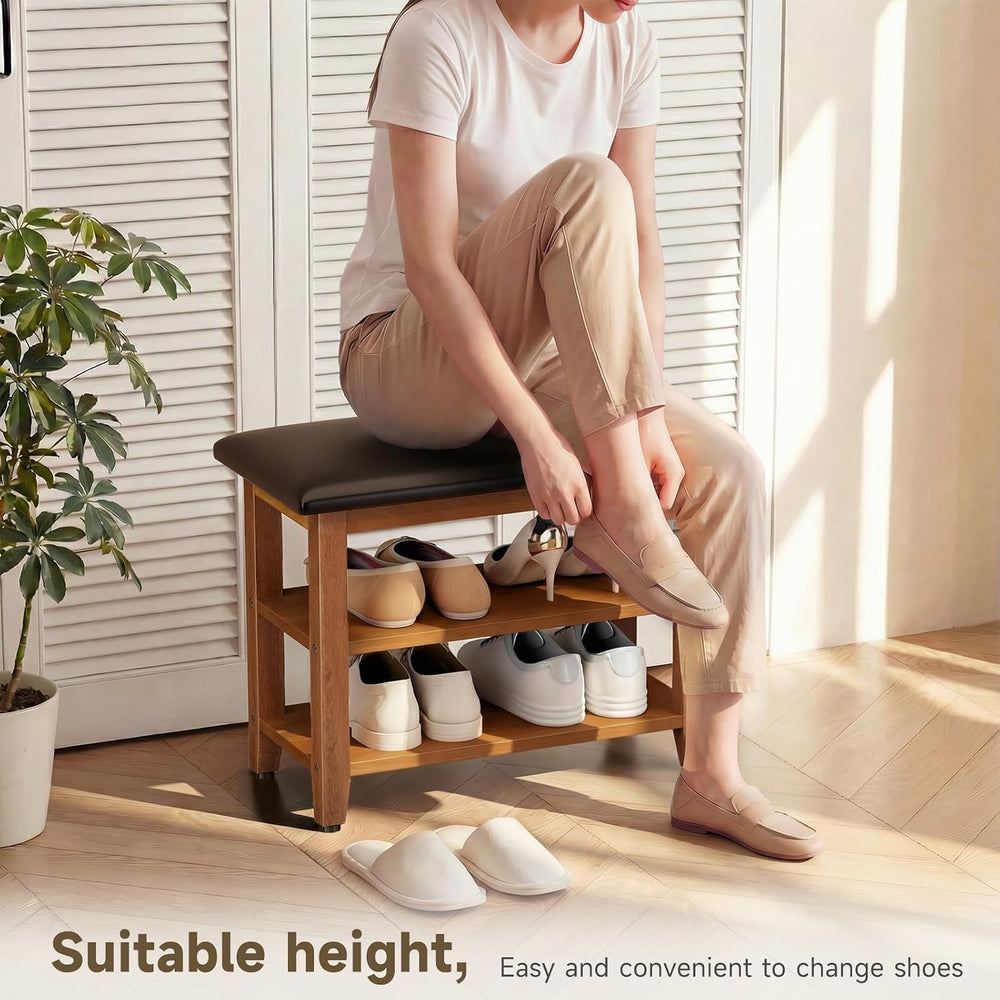 Shoe Bench with Leather Cushion,Wood Bench with Shoe Rack,2-Tier Shoe Storage...