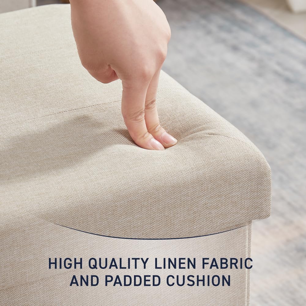 Ornavo Home 15 Inch Folding Storage Ottoman Cube, Tufted Linen, Beige