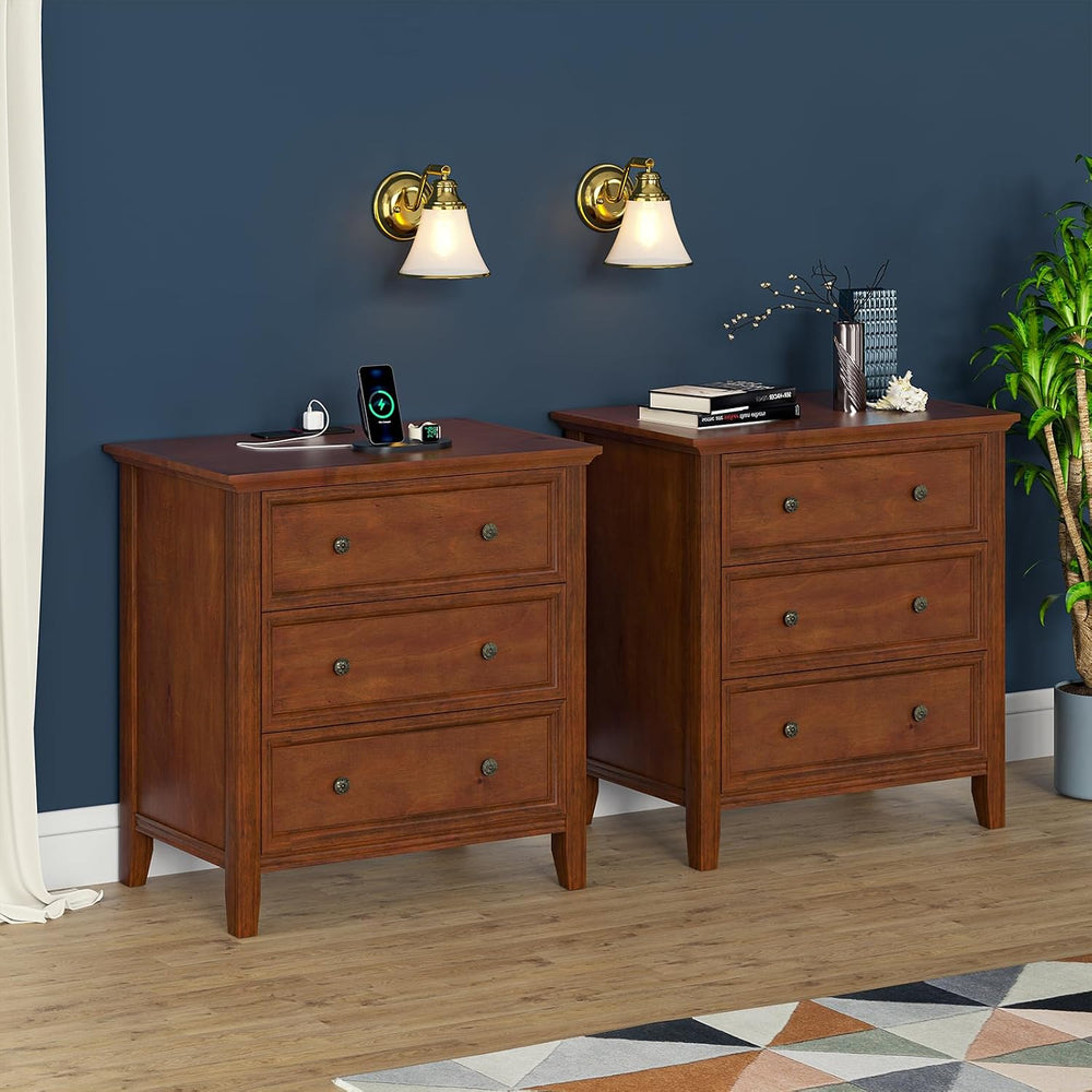 IKENO Solid Wood Nightstand Set of 2,Bed Side Table with Charging Station, Fa...