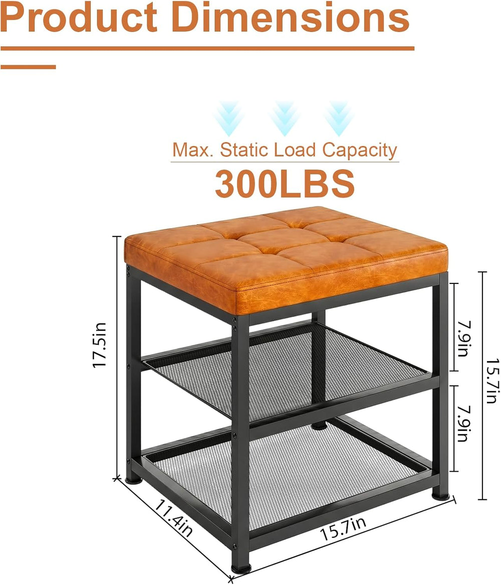 Small Shoe Storage Bench with PU Leather Seat Cushion, 3-Tier Freestanding Sh...