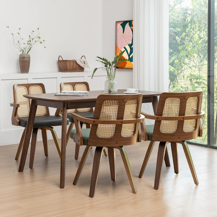 Walnut Dining Chairs - Swivel Rattan Dining Chairs with Bentwood Frame with Ergonomic Cane Back, Curved Arms, MCM Dining Chairs for Kitchen/Restaurant/Living Room/Conference (Walnut Black, Set of 2)