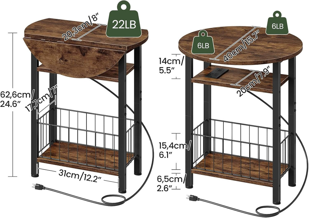 Folding Side Table with Charging Station, 3-Tier Narrow End Couch Table with ...