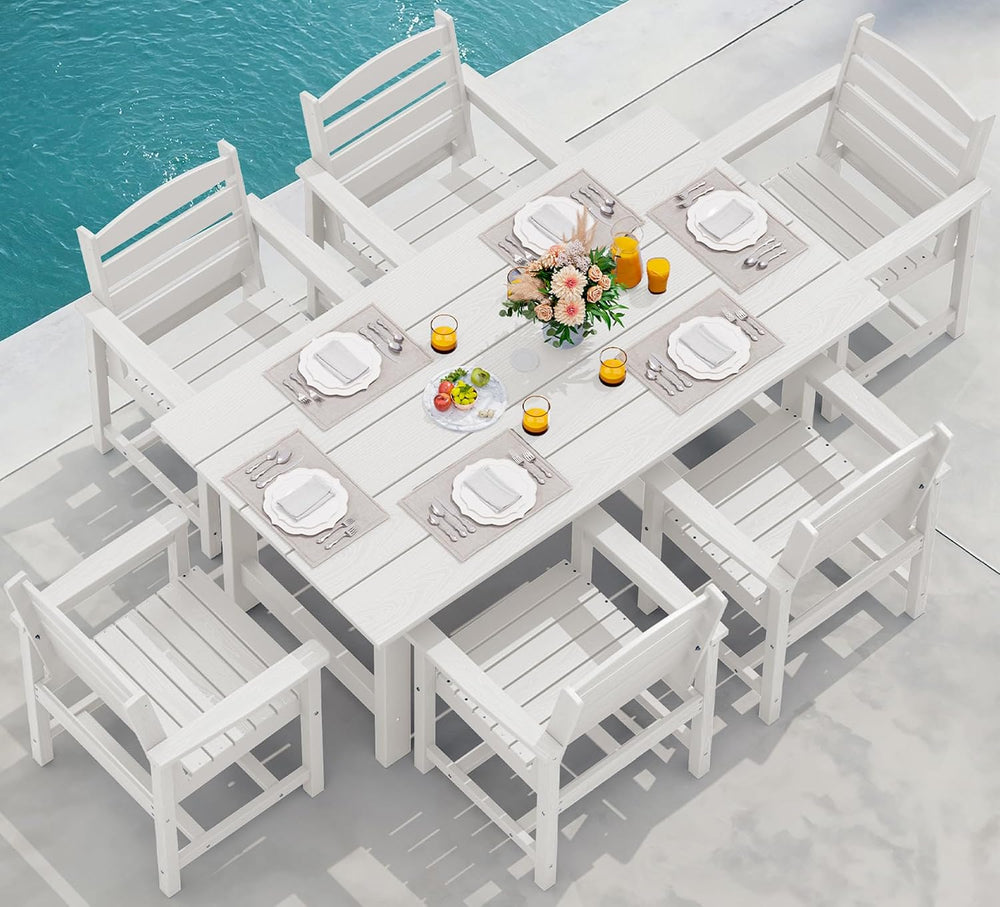 SERWALL 7 Pcs Outdoor Dining Set, 67" HDPE Dining Set for 6, White