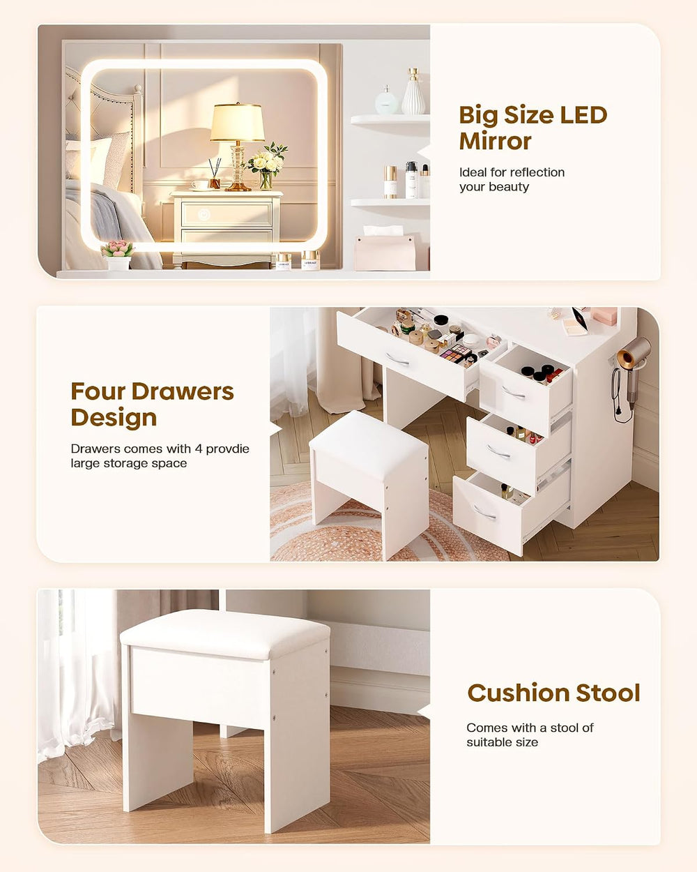 LIVELYGLOW White Makeup Vanity Desk with Charging Station & 4 Drawers | S...