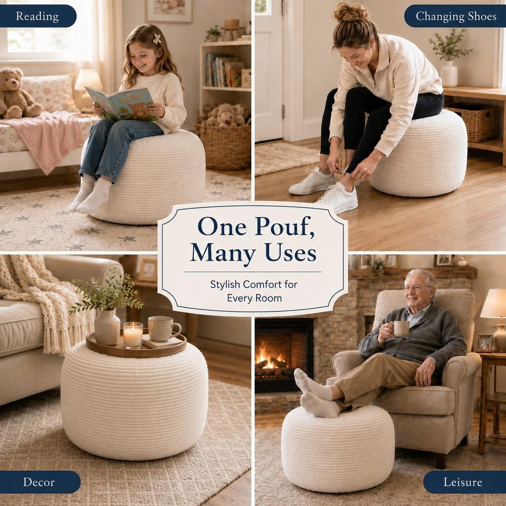 Round Pouf Ottoman Foot Rest 20 X 15 - Floor Pouf for Living Room Seating, So...