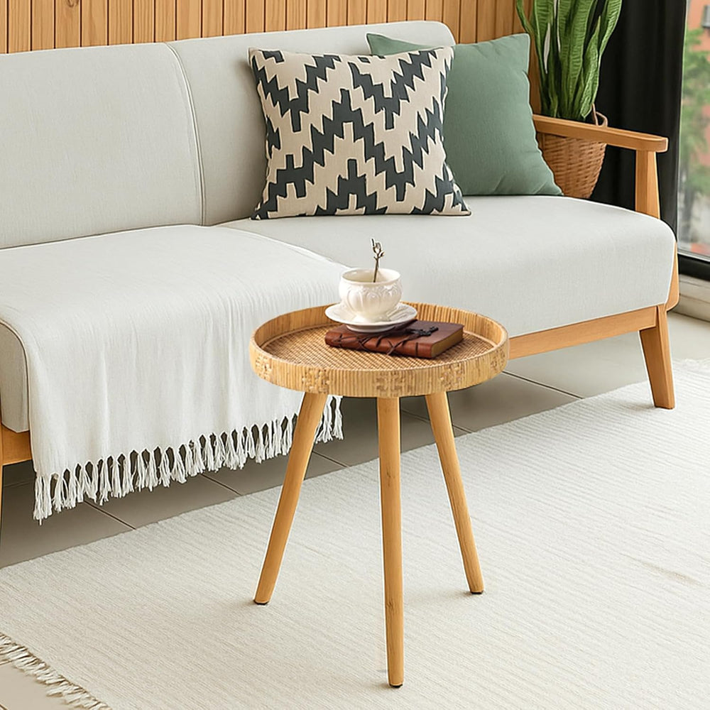 Round Side Table, Boho Circle End Table Coffee Table with Solid Wood Leg, Rat...