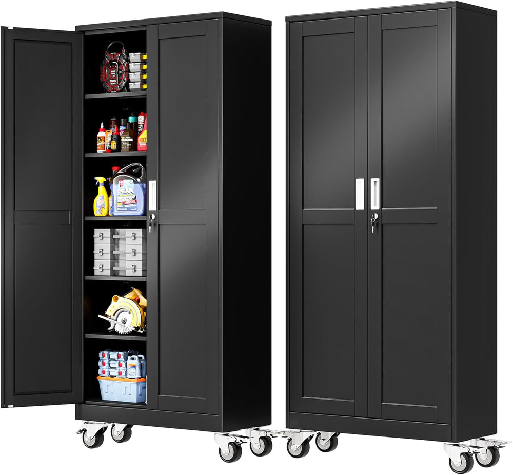 PAOFIN 75''H Metal Garage Storage Cabinet with Wheels,Steel File Cabi...