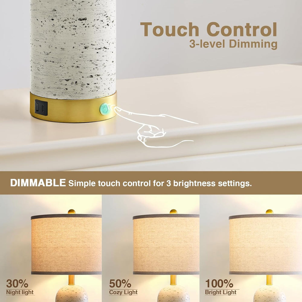 RORIA 25" Set of 2 Touch Rustic Table Lamps for Living Room and USB A+C