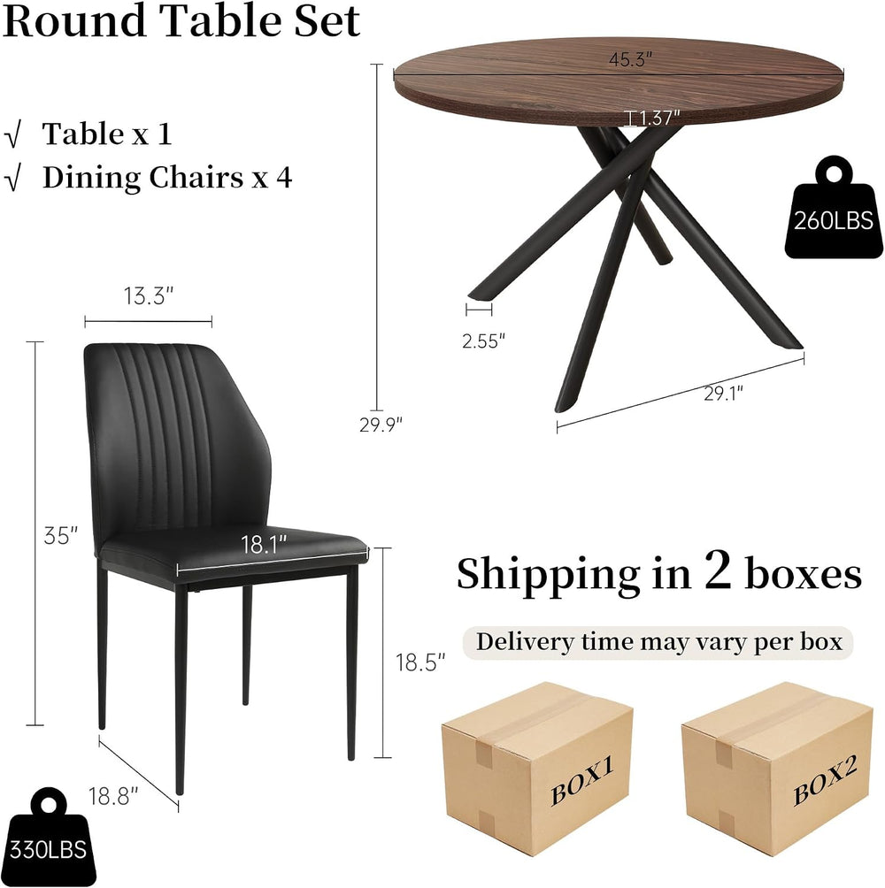 HIPIHOM 45.3'' Walnut Round Dining Table Set for 4, Mid Century Moder...