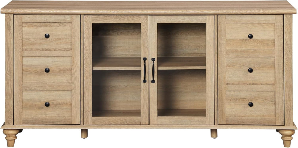 WAMPAT Farmhouse Sideboard Buffet Cabinet with Glass Door & Adjustable Sh...
