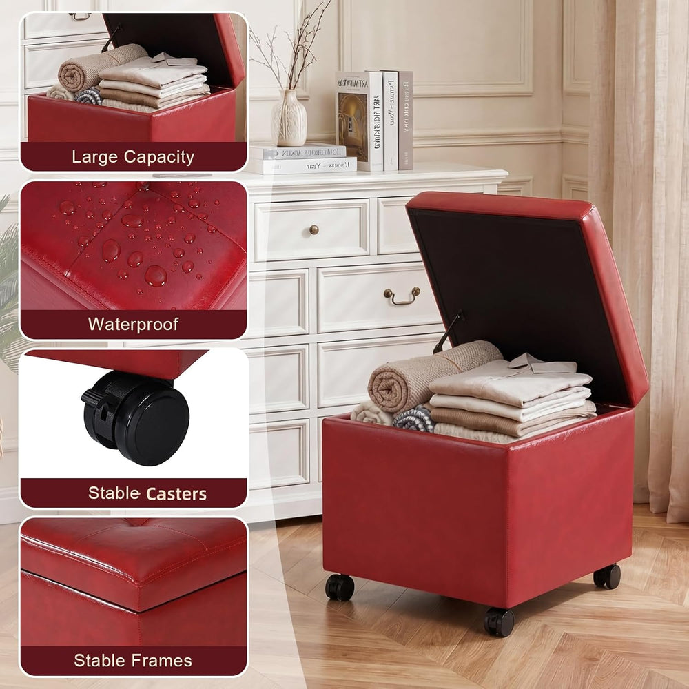 Homebeez Storage Ottoman with Rolling Wheels, PU Leather Tufted Cube Footrest...