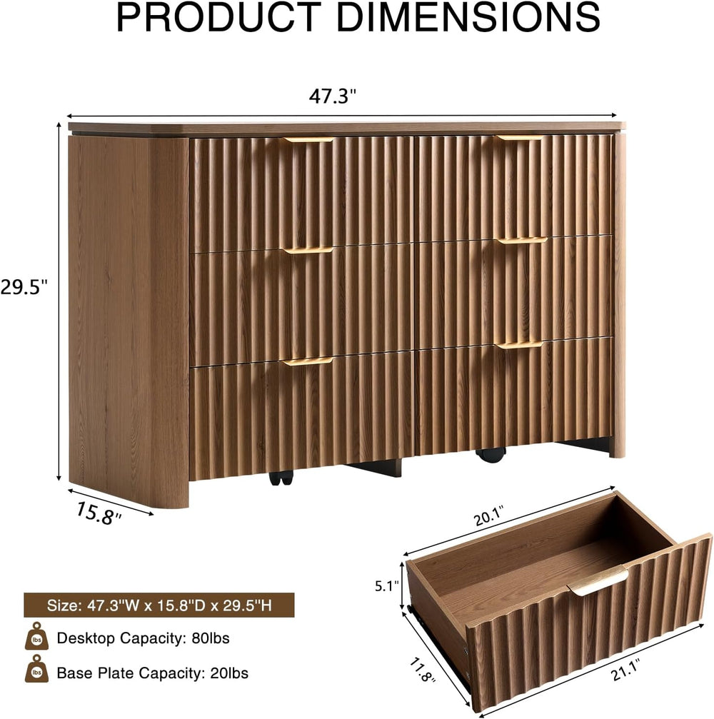 Fluted 6 Drawers Dresser for Bedroom-47.3" Wide Wooden Chest of Drawers ...