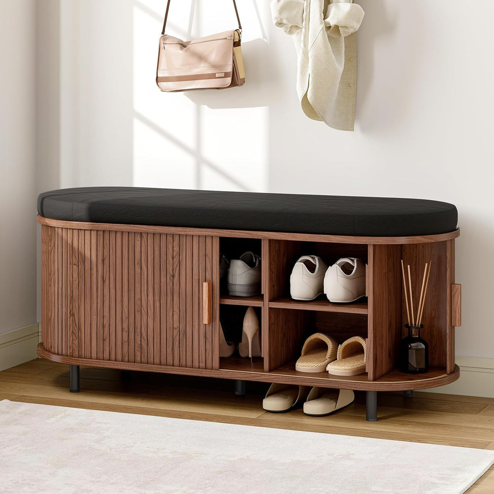 ONBRILL 43" Shoe Bench with Storage, Fluted Shoe Storage Bench with Cush...