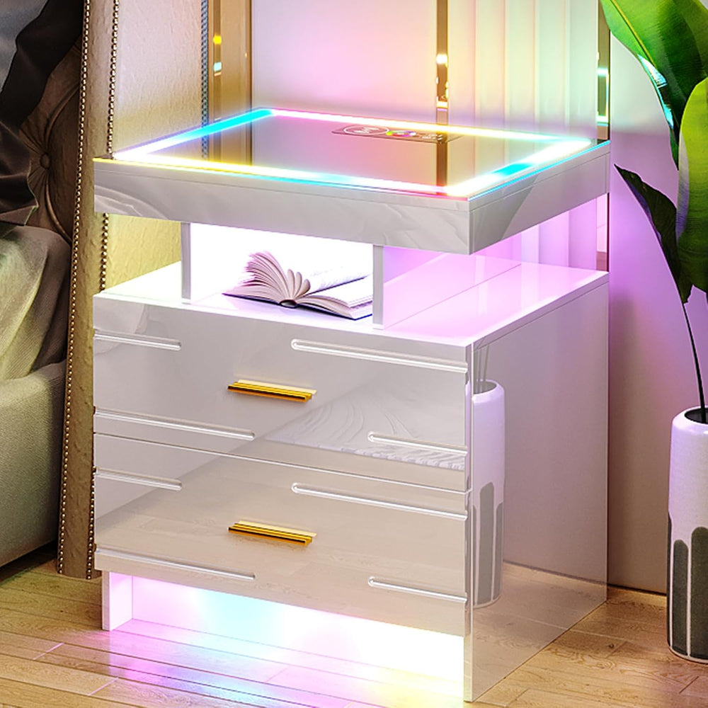 HNEBC Night Stand Set 2 with Wireless Charging Station& Remote Lights,Whi...