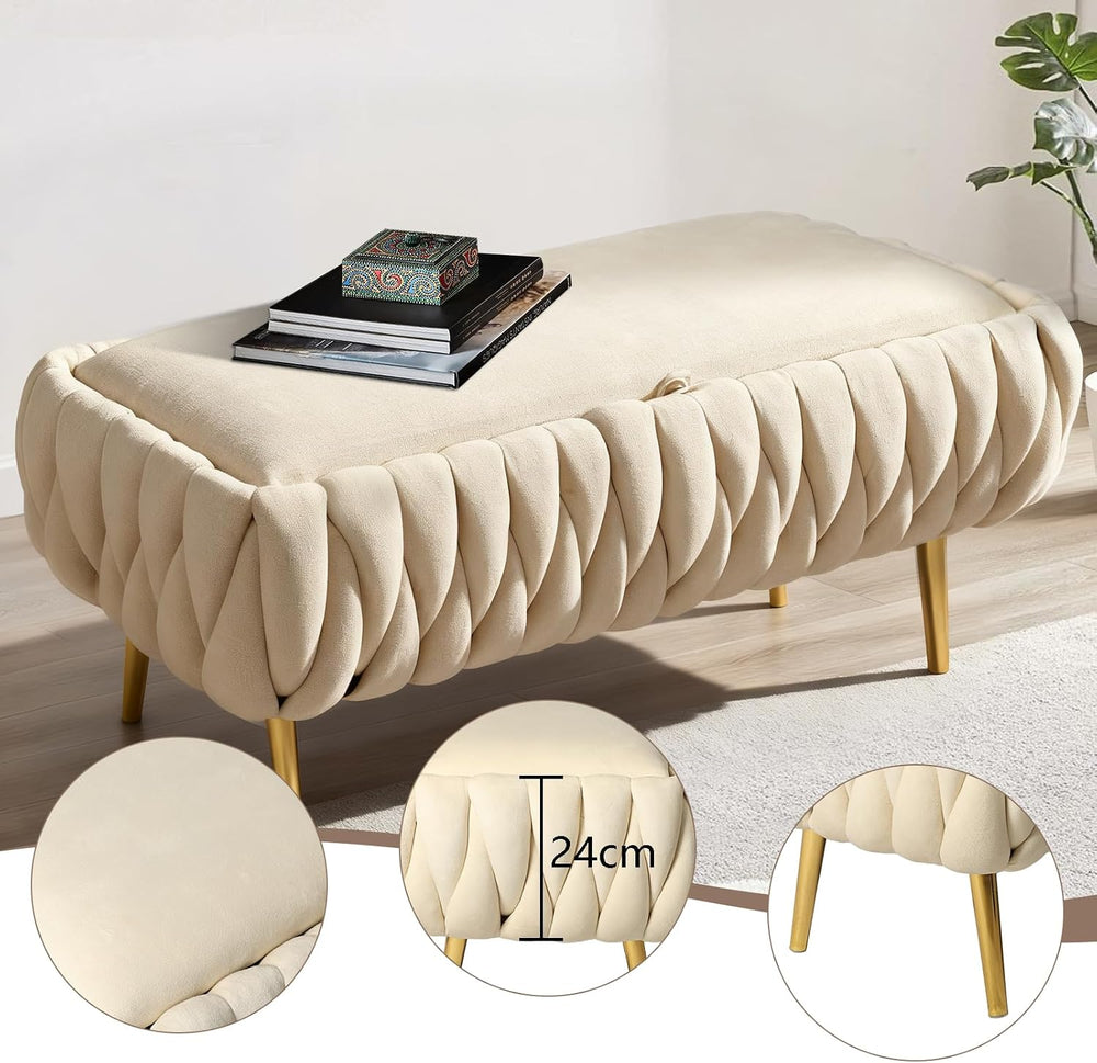 End of Bed Bedroom Storage Bench Upholstered, Hand-Woven Storage Ottoman Benc...
