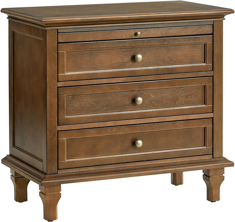 HULALA HOME Farmhouse 3 Drawer End Table with Charging Station, Walnut