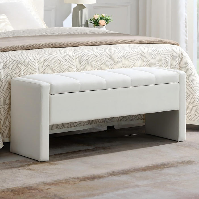 47.25'' Ottoman with Storage, End of Bed Storage Bench, Entryway Bench - Linen Upholstered Multi-Functional Footrest for Bedroom, Living Room, Dorm & Window Bench (A-White)