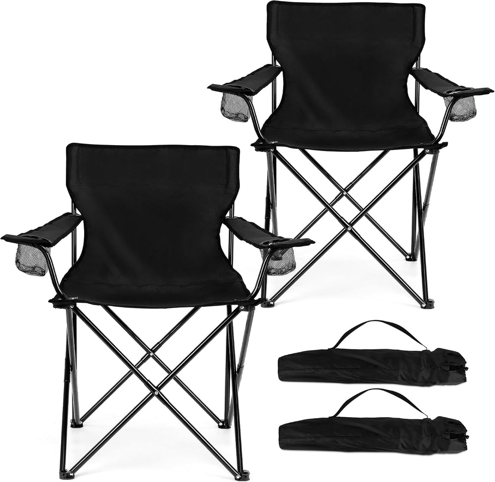 HaSteeL Large Camping Chairs for Adults, Black Folding Beach Chair Set of 2