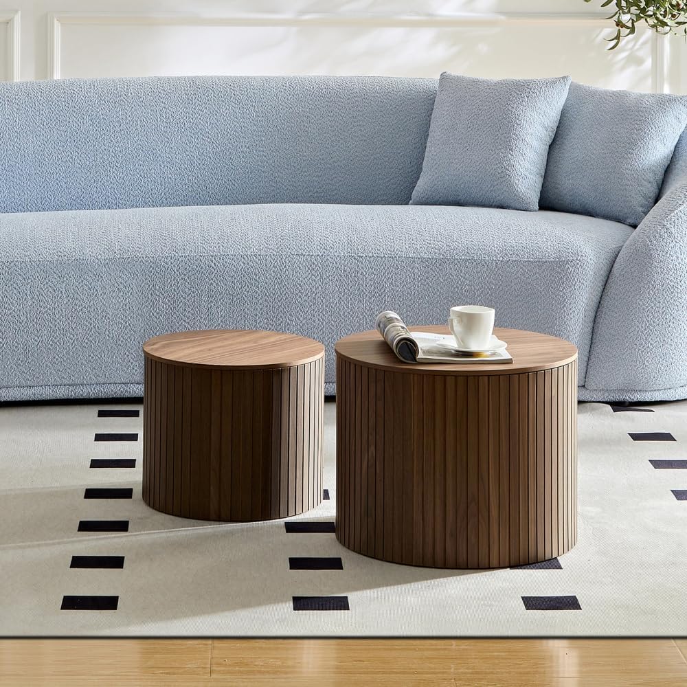 Nesting Coffee Tables Set of 2, Walnut MDF, Handcrafted Round Design | 2-Piec...
