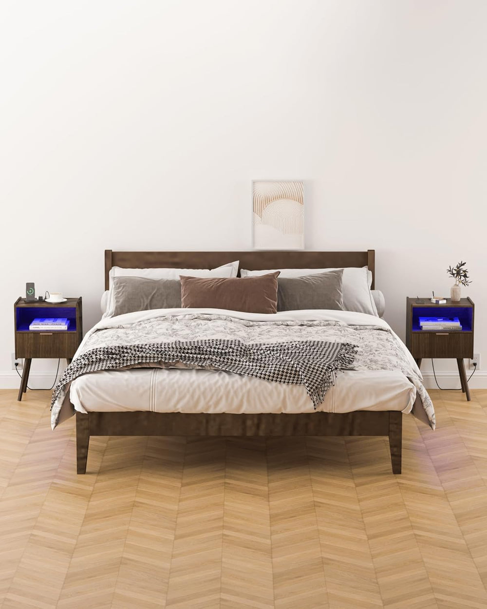 Leomonio Walnut Brown Nightstand, Modern Bedside Table with Charging Station ...