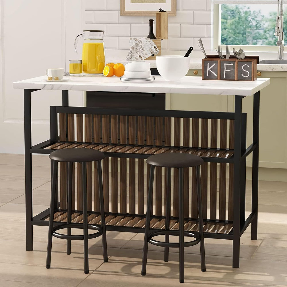 Recaceik 3 Piece Pub Set, Rectangular 2 Bar Stools, Faux Marble Dining Room S...
