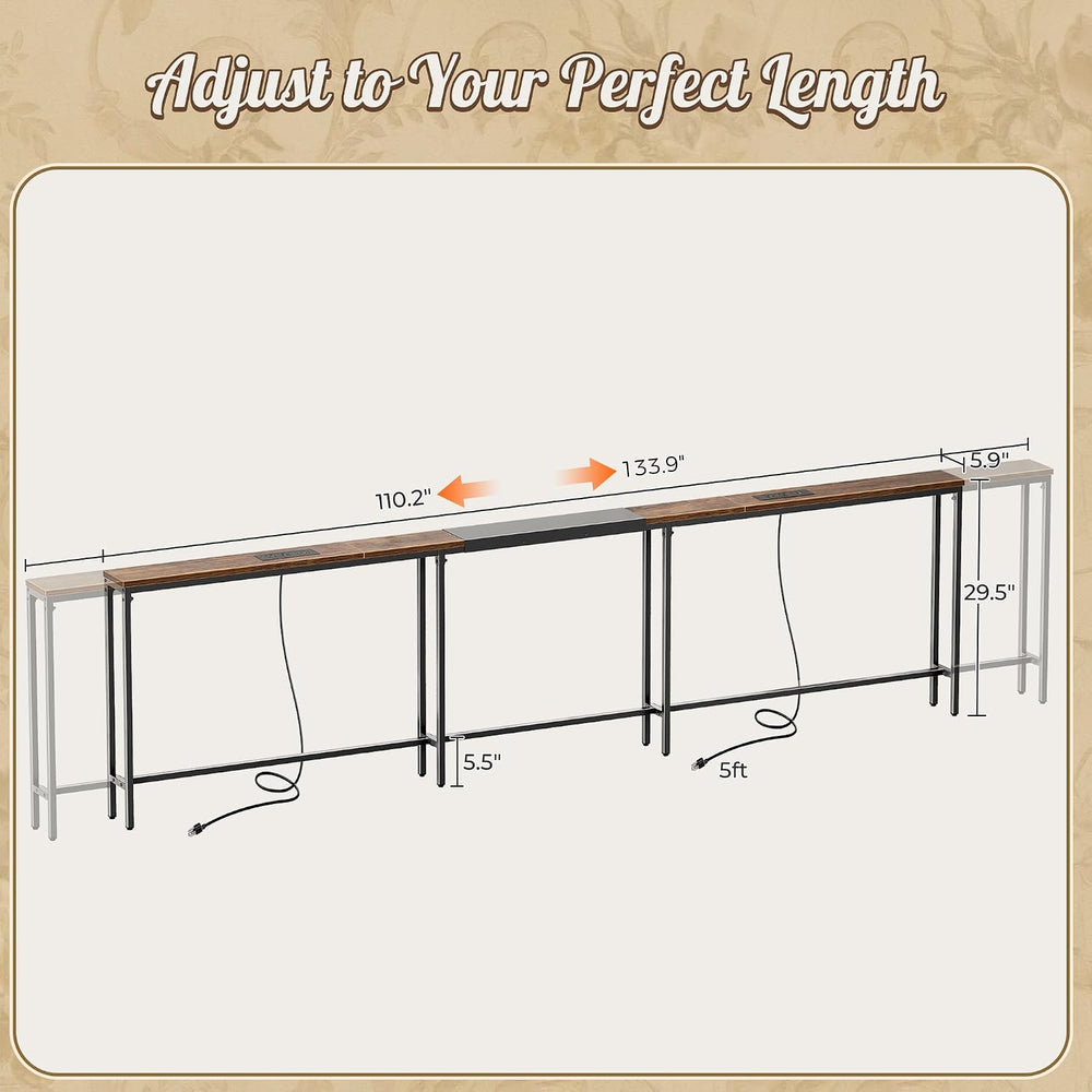 Huuger Narrow Sofa Table with 2 Power Outlets, 110.2-133.8 Inch Adjustable Le...