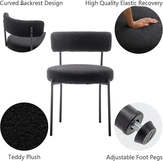 Black Boucle Dining Chairs Set of 2, Upholstered Dining Room Chairs with Blac...